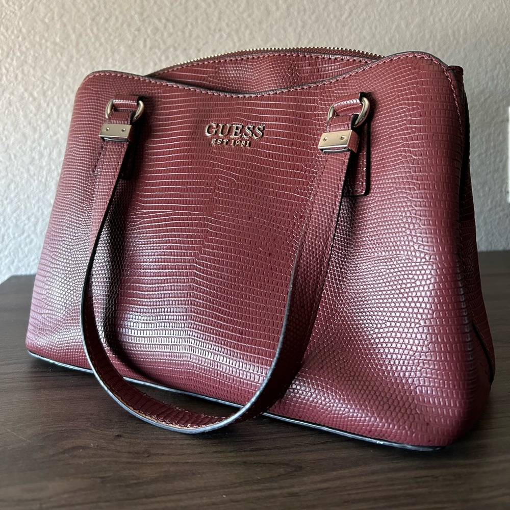 Deep Burgundy Leather Guess Satchel Handbag Gold Accents Crocodile Finish